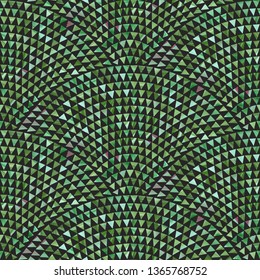 Abstract vector wavy seamless geometrical pattern from small triangles with green brush stroke texture on a black background. Floor tile, wallpaper, wrapping paper, page fill in terrazzo mosaic style