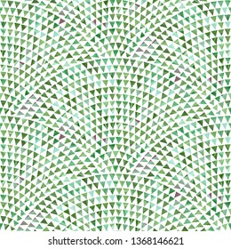 Abstract vector wavy seamless geometrical pattern from small triangles with green brush stroke texture on a white background. Floor tile, wallpaper, wrapping paper, page fill in terrazzo mosaic style