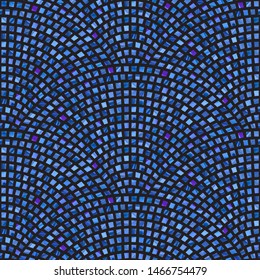 Abstract vector wavy seamless geometrical pattern from small rectangles with blue brush stroke texture on a black background. Floor tile, wallpaper, wrapping paper, page fill in terrazzo mosaic style