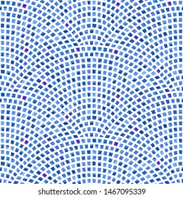 Abstract vector wavy seamless geometrical pattern from small rectangles with blue brush stroke texture on a white background. Floor tile, wallpaper, wrapping paper, page fill in terrazzo mosaic style