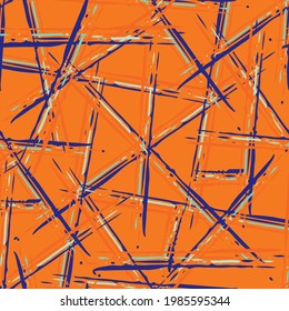 Abstract vector weave irregular grid. Seamless pattern background. Terracotta orange blue painterly brush stroke criss cross backdrop. Woven style blended repeat design. All over print rattan texture