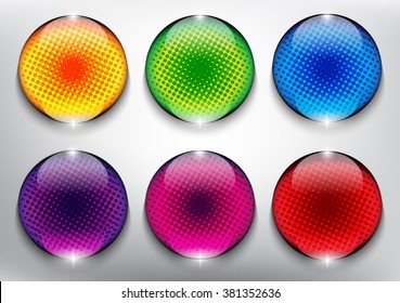 Abstract vector web buttons set of 6. Halftone design elements. Colorful and glossy on the white panel. Vector illustration. Eps10.