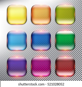 Abstract vector web buttons set of 9. Square glass web buttons. Transparent and isolated on the white background. Vector illustration. Eps10.