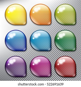 Abstract vector web buttons set of 9. Isolated with realistic, transparent glass shine and shadow on the light background. Vector illustration. Eps10.