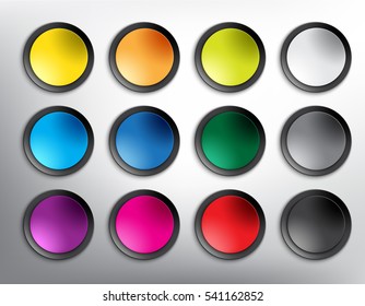 Abstract vector web buttons set of 12. Set of blank colorful and round paper buttons for website or app. Isolated with realistic light and shadow on the white background. Vector illustration. Eps10.