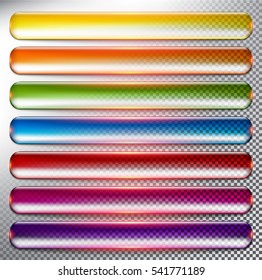 Abstract vector web buttons set of 7. Isolated with realistic, transparent glass shine and shadow on the light background. Vector illustration. Eps10.