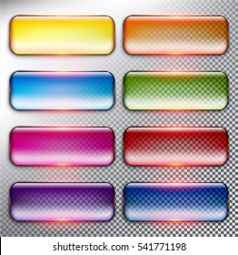 Abstract vector web buttons set of 8. Isolated with realistic, transparent glass shine and shadow on the light background. Vector illustration. Eps10.