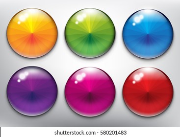 Abstract vector web buttons set of 6. Isolated with realistic, transparent glass shine and shadow on the light background. Vector illustration. Eps10.