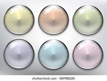 Abstract vector web buttons set of 6. Isolated with realistic, transparent glass shine and shadow on the light background. Vector illustration. Eps10.