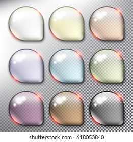 Abstract vector web buttons set of 9. Isolated with realistic, transparent glass shine and shadow on the light background. Vector illustration. Eps10.