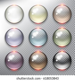 Abstract vector web buttons set of 9. Isolated with realistic, transparent glass shine and shadow on the light background. Vector illustration. Eps10.