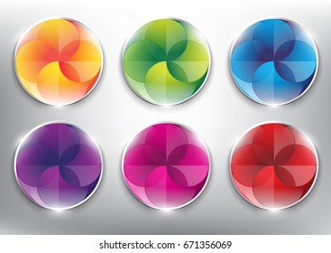 Abstract vector web buttons set of 6. Isolated with realistic, transparent glass shine and shadow on the light background. Vector illustration. Eps10.