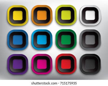 Abstract vector web buttons set of 12. Set of square paper style buttons for your website or app. Isolated on the white background. Vector illustration. Eps10.