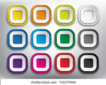 Abstract vector web buttons set of 12. Set of square paper style buttons for your website or app. Isolated on the white background. Vector illustration. Eps10.