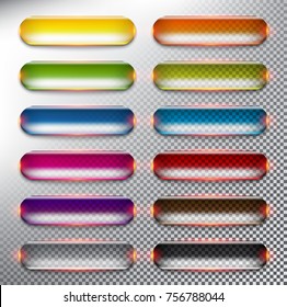 Abstract vector web buttons set of 12. Colorful web buttons. Isolated with realistic, transparent glass shine and shadow on the light background. Vector illustration. Eps10.