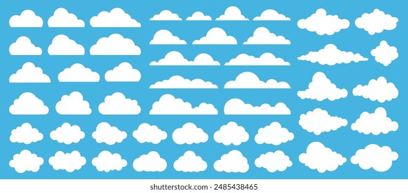 Abstract vector white cloud silhouette collection in cute flat cartoon style for web background. Nature sky, cloud pattern, fume or misty fog art. Food smoke, cloud texture and weather element symbol.