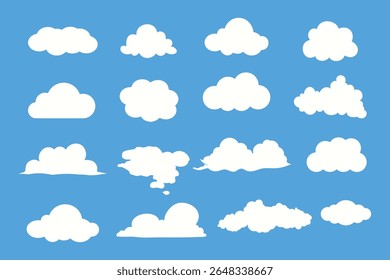 Abstract vector white cloud silhouette collection in cute flat cartoon style for web background. Nature sky, blue sky, misty cloud elements and weather elements. Cloud icon set for design.