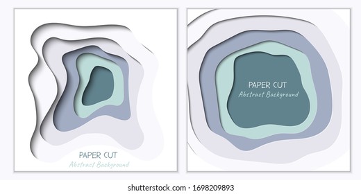 Abstract vector white and green backgrounds in paper cut style. Paper art in trendy mint color with gray layers, shape of waves. Realistic minmal square layout template for poster, banner, cover