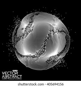 Abstract vector white mesh on dark background. Futuristic style card. Elegant background for business presentations.  Corrupted point sphere.  Chaos aesthetics.