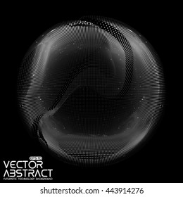 Abstract vector white mesh sphere on dark background. Futuristic style card. Elegant background for business presentations.  Corrupted point sphere.  Chaos aesthetics.