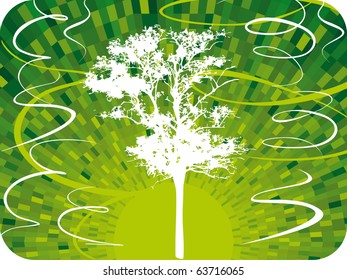 Abstract vector white tree silhouette with green shine background