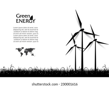 Abstract vector with wind turbines, green energy concept.