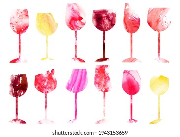 Resumen del conjunto de vinos vectoriales con formas de vino tinto, blanco y rosa. Formas planas con manchas acuáticas. Para la carta de vinos, etiqueta, comida y fondo de deshielo.