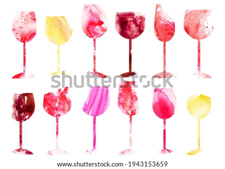Abstract vector wine set with red, white and pink wine glass shapes. Flat shapes with watercolor stains. For wine list, label, food and drink background.