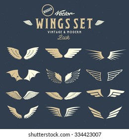 Abstract Vector Wings Big Set, Both Retro and Modern Look. With Shabby Texture.