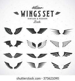 Abstract Vector Wings Big Set, Both Retro and Modern Look. With Shabby Texture.