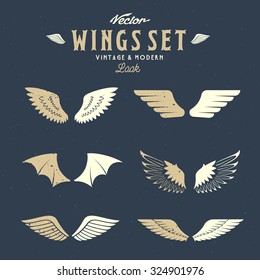 Abstract Vector Wings Set, Both Retro and Modern Look. With Shabby Texture.