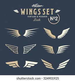 Abstract Vector Wings Set Number 2, Both Retro and Modern Look. With Shabby Texture.