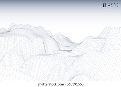  Abstract vector wire frame 3D landscape.Digital linear relief. Cyberspace perspective grid on light background.