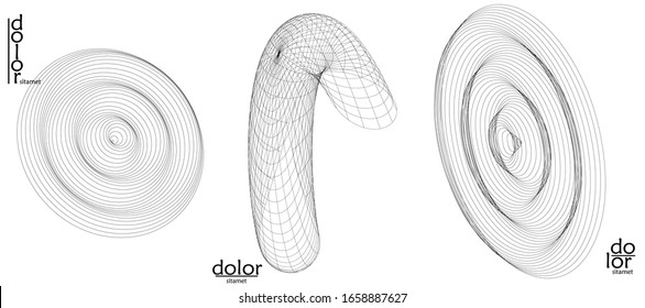 Abstract vector wire frame geometric shape set. Low poly mesh logo design. Futuristic object design element. 3D digital math model for science technology. Line art background.