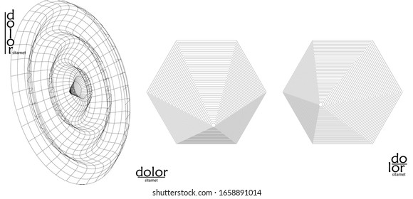 Abstract vector wire frame geometric shape set. Low poly mesh logo design. Futuristic object design element. 3D digital math model for science technology. Line art background.