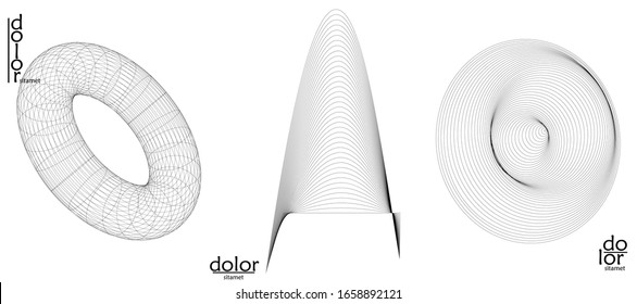 Abstract vector wire frame geometric shape set. Low poly mesh logo design. Futuristic object design element. 3D digital math model for science technology. Line art background.