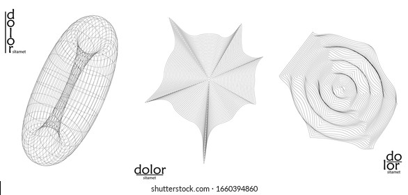 Abstract vector wire frame geometric shape set. Low poly mesh logo design. Futuristic object design element. 3D digital math model for science technology. Line art background.