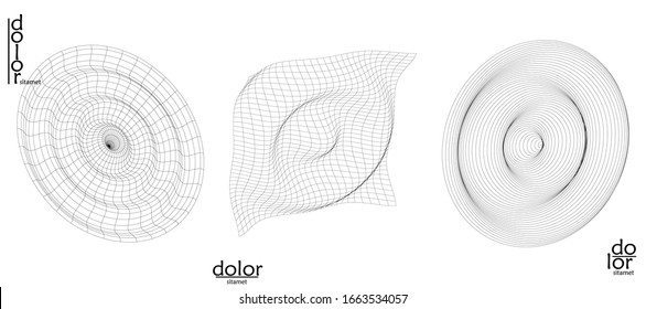 Abstract vector wire frame geometric shape set. Low poly mesh logo design. Futuristic object design element. 3D digital math model for science technology. Line art background.