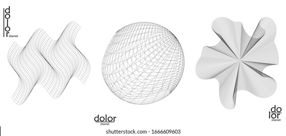 Abstract vector wire frame geometric shape set. Low poly mesh logo design. Futuristic object design element. 3D digital math model for science technology. Line art background.