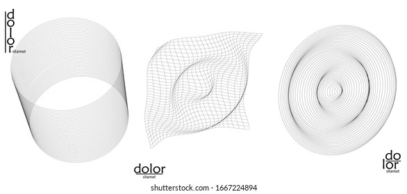 Abstract vector wire frame geometric shape set. Low poly mesh logo design. Futuristic object design element. 3D digital math model for science technology. Line art background.