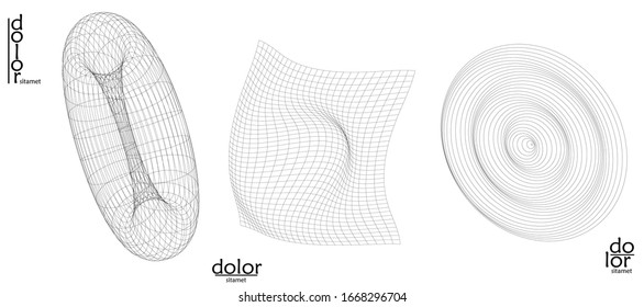 Abstract vector wire frame geometric shape set. Low poly mesh logo design. Futuristic object design element. 3D digital math model for science technology. Line art background.