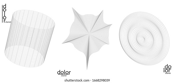 Abstract vector wire frame geometric shape set. Low poly mesh logo design. Futuristic object design element. 3D digital math model for science technology. Line art background.