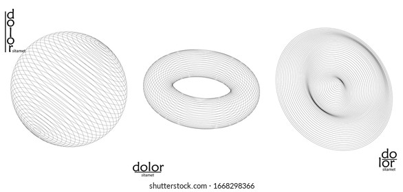 Abstract vector wire frame geometric shape set. Low poly mesh logo design. Futuristic object design element. 3D digital math model for science technology. Line art background.