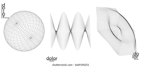 Abstract vector wire frame geometric shape set. Low poly mesh logo design. Futuristic object design element. 3D digital math model for science technology. Line art background.