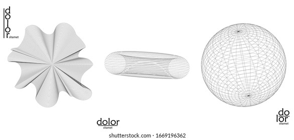 Abstrakter Vektorillustration Drahtrahmen geometrischer Form Satz. Logo-Design mit Low-Poly-Maschen Futuristisches Objektdesign-Element. 3D-Digitalmathematik-Modell für Wissenschaftstechnik. Line Art Hintergrund.
