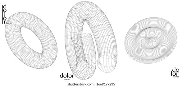 Abstract vector wire frame geometric shape set. Low poly mesh logo design. Futuristic object design element. 3D digital math model for science technology. Line art background.