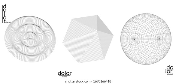 Conjunto de formas geométricas del marco de alambre vector abstracto. Diseño del logotipo de malla baja. Elemento de diseño de objetos futuristas. Modelo digital de matemáticas 3D para la tecnología científica. Fondo de arte de línea.