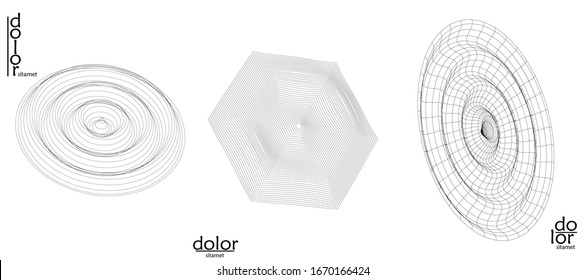 Abstract vector wire frame geometric shape set. Low poly mesh logo design. Futuristic object design element. 3D digital math model for science technology. Line art background.