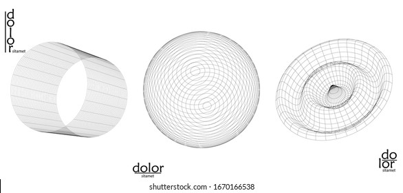 Abstract vector wire frame geometric shape set. Low poly mesh logo design. Futuristic object design element. 3D digital math model for science technology. Line art background.