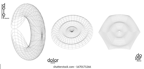 Abstract vector wire frame geometric shape set. Low poly mesh logo design. Futuristic object design element. 3D digital math model for science technology. Line art background.